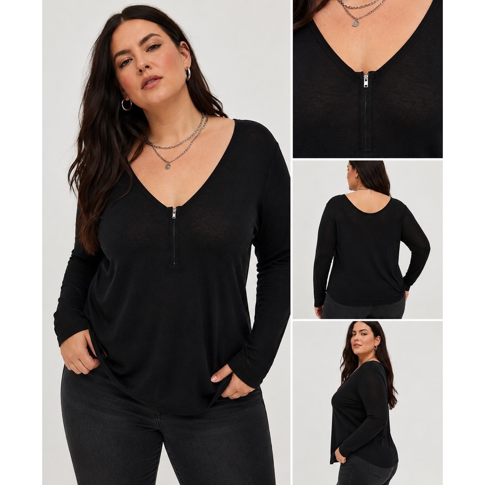 Torrid Black Zip Front V-Neck Long Sleeve Knit Sweater Sz 1  NWT Goth Minimalist